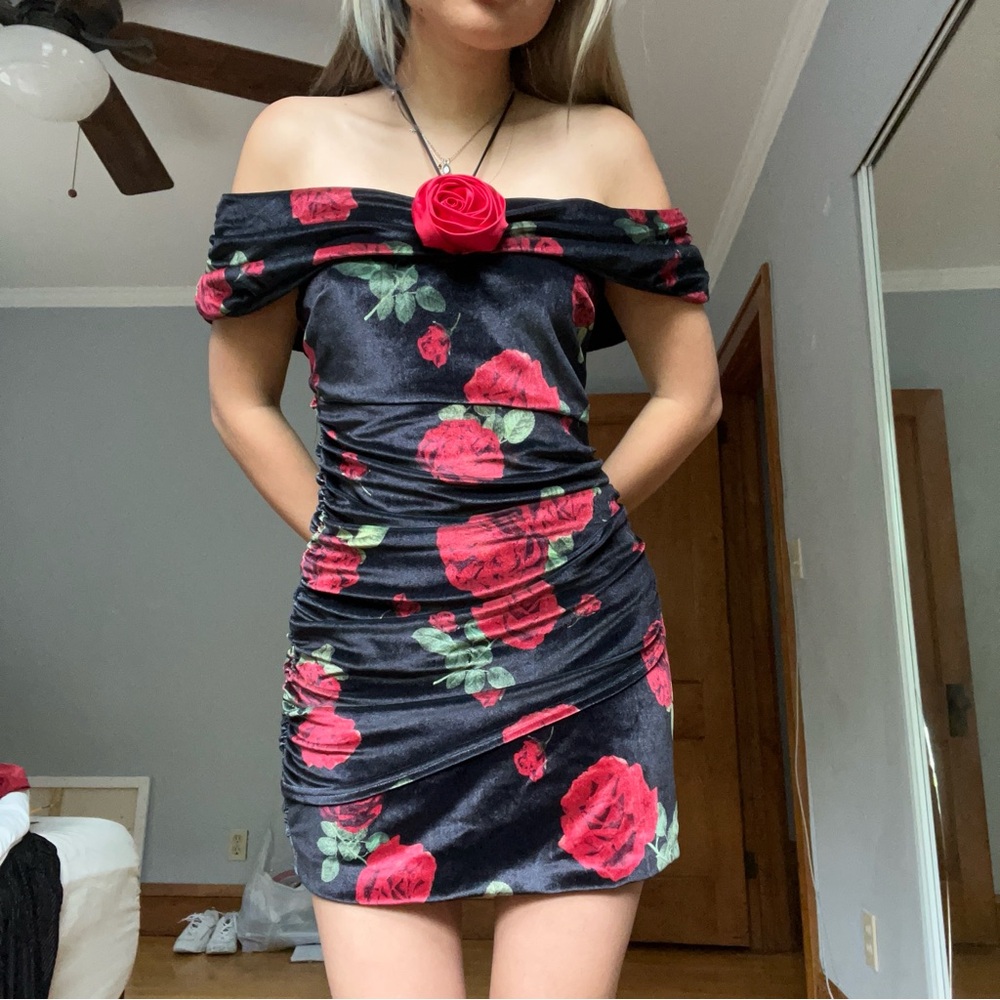For Love & Lemons Velvet Floral Off-Shoulder Mini Dress